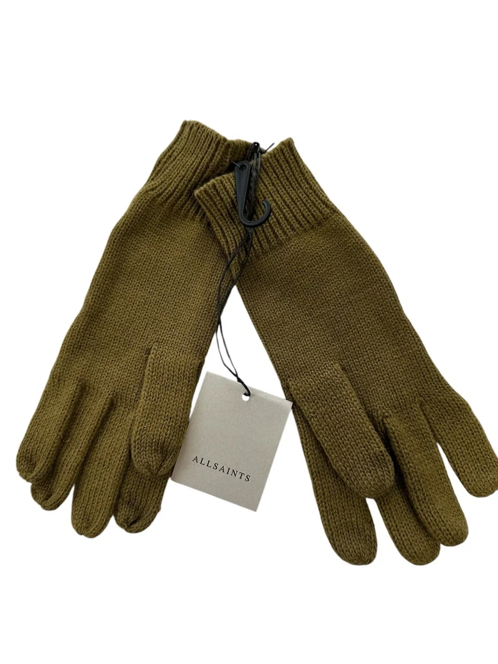 NWT AllSaints Women’s Gold Khaki Wool Blend Knit Touchscreen Logo Gloves OS